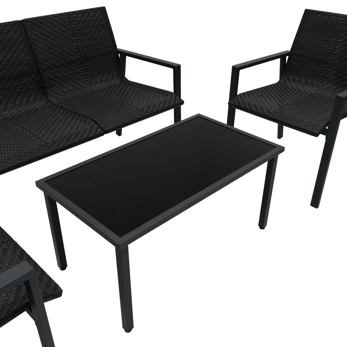 Ensemble de salon de terrasse en rotin noir, comprenant deux fauteuils et une table basse en verre noir, design moderne et élégant