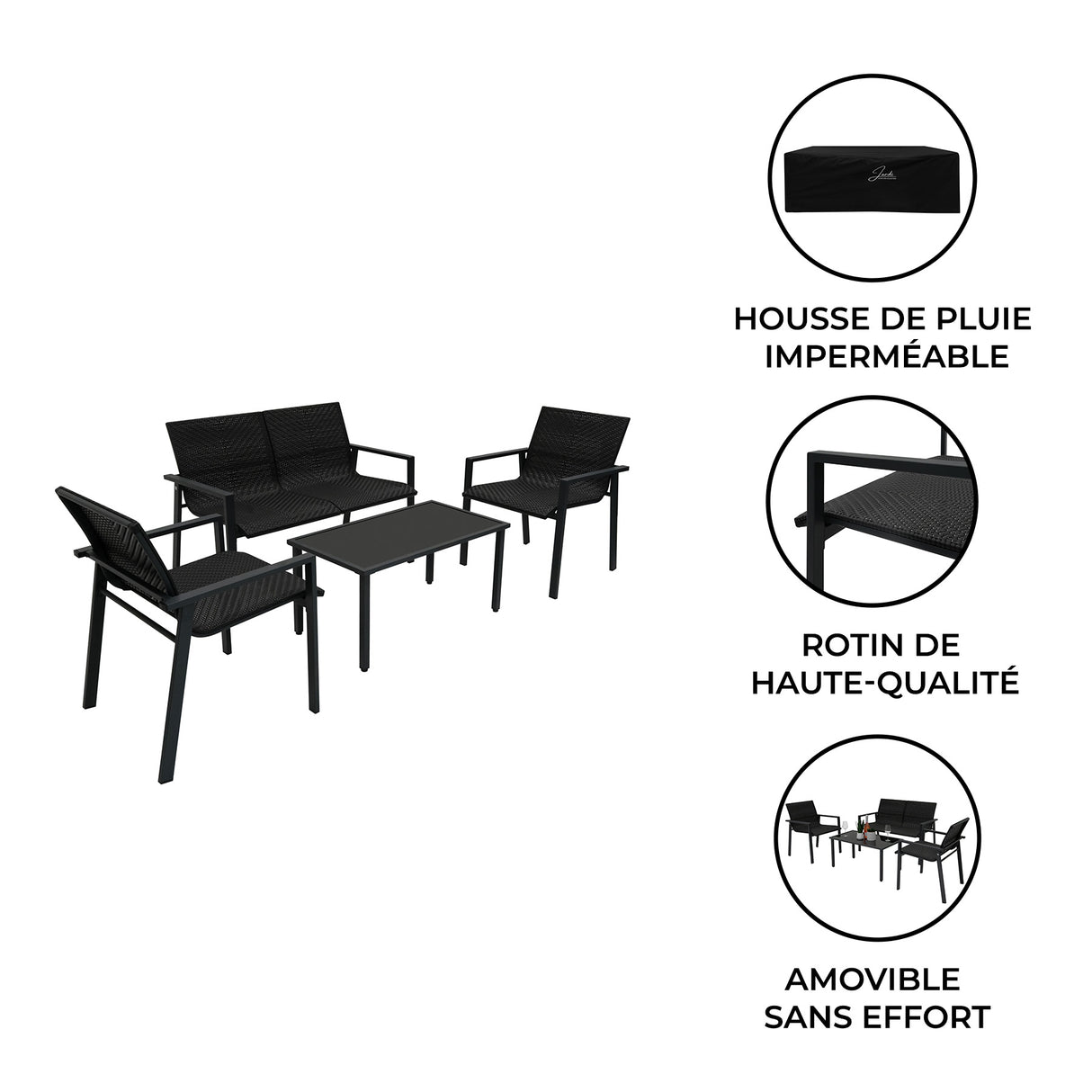 Ensemble de salon de terrasse en rotin noir, comprenant deux fauteuils, un canapé et une table basse, au design moderne et élégant