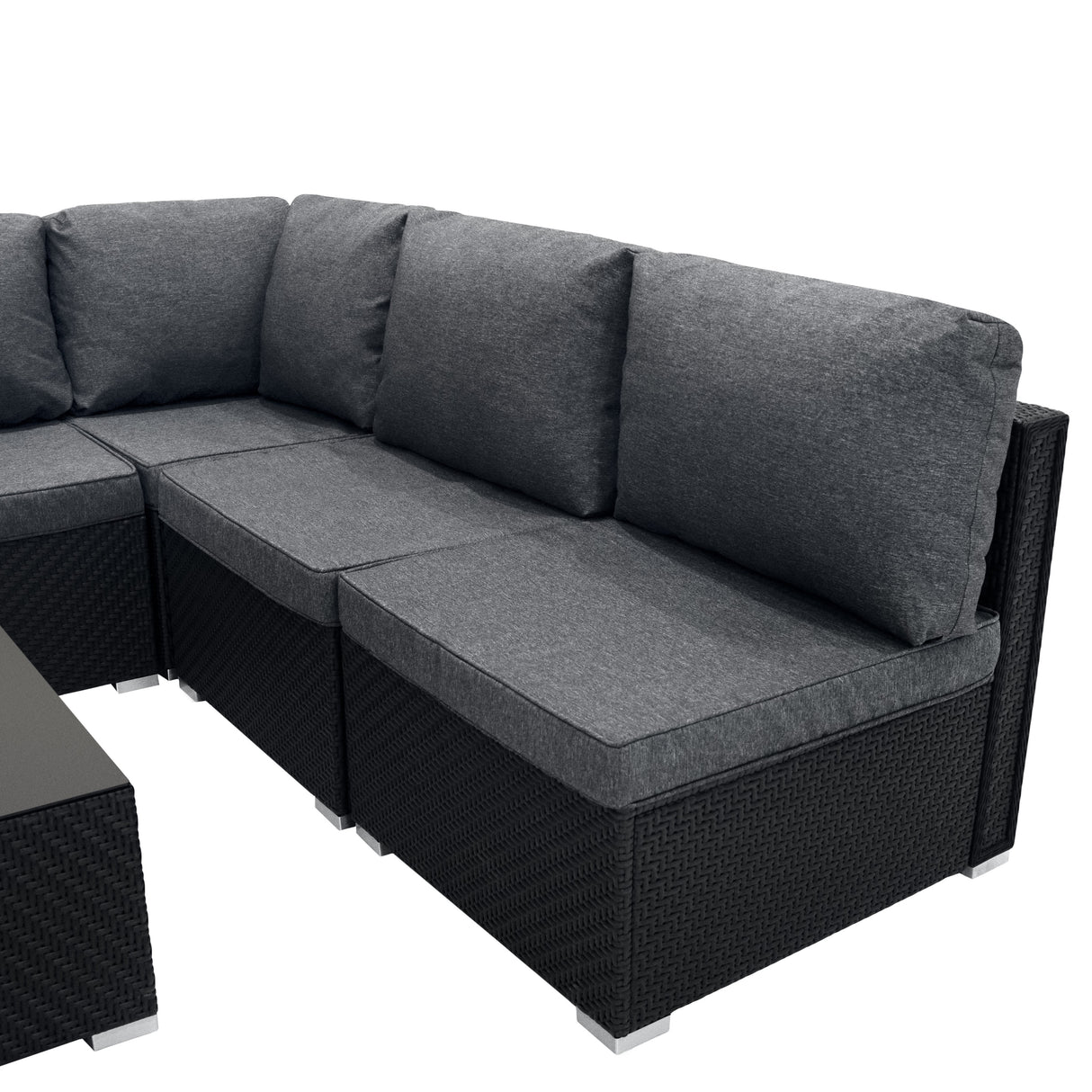 Salon de jardin modulaire en rotin noir avec coussins gris, design contemporain, texture tissée, confortable et élégant