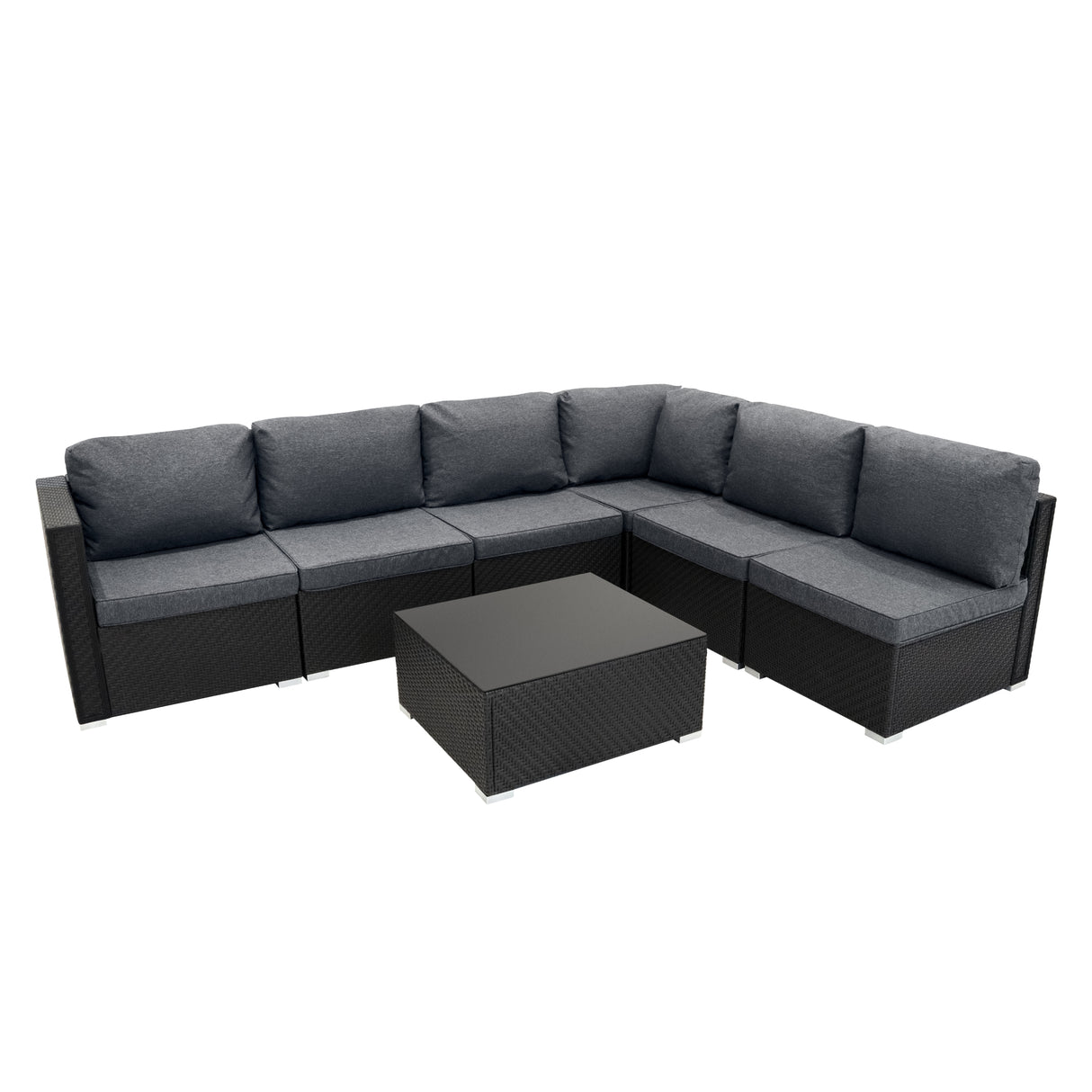Salon de jardin modulaire en rotin noir, composé de 7 pièces, avec coussins gris et table basse carrée élégante en métal