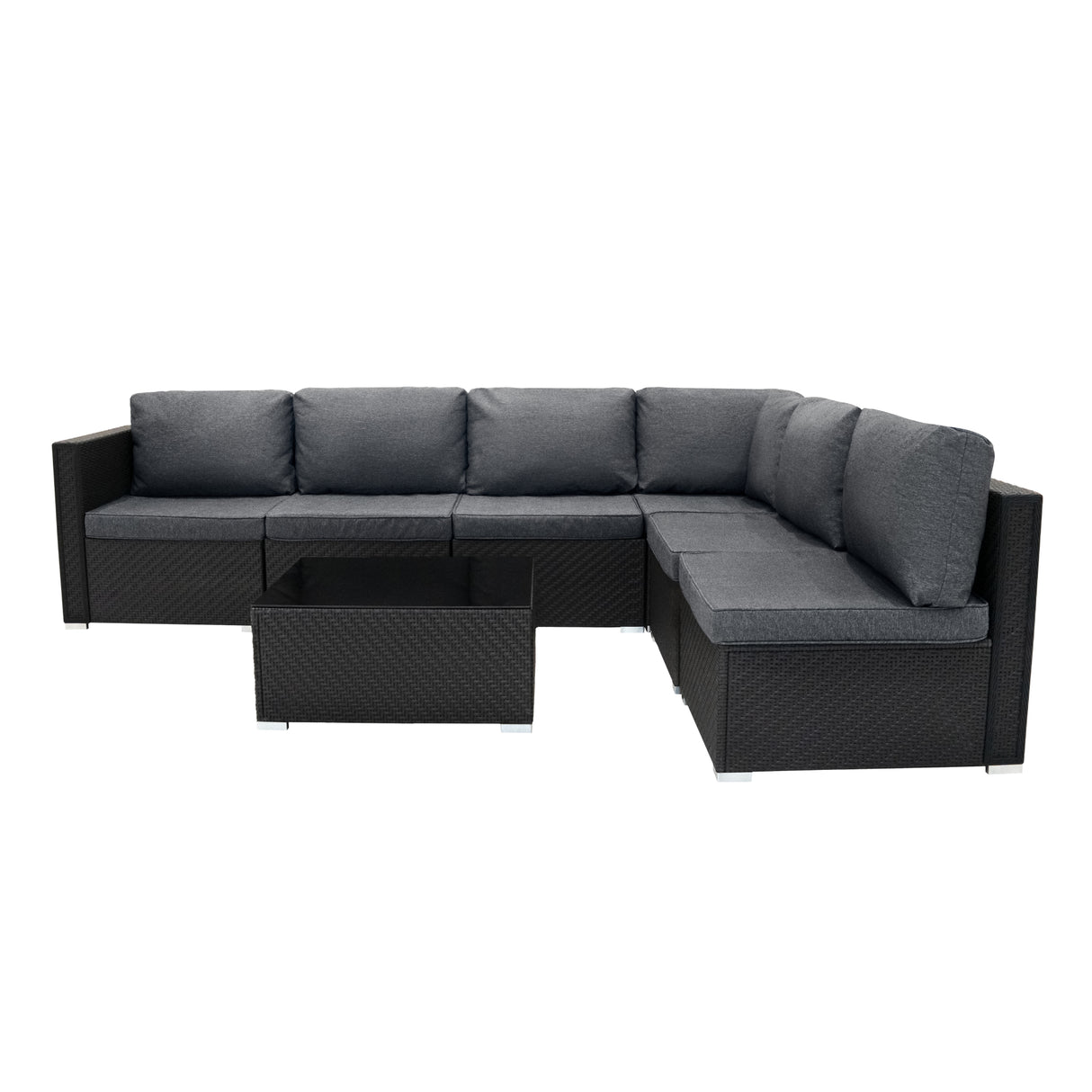 Salon de jardin modulaire en rotin noir avec coussins gris, comprenant un canapé d'angle et une table basse élégante