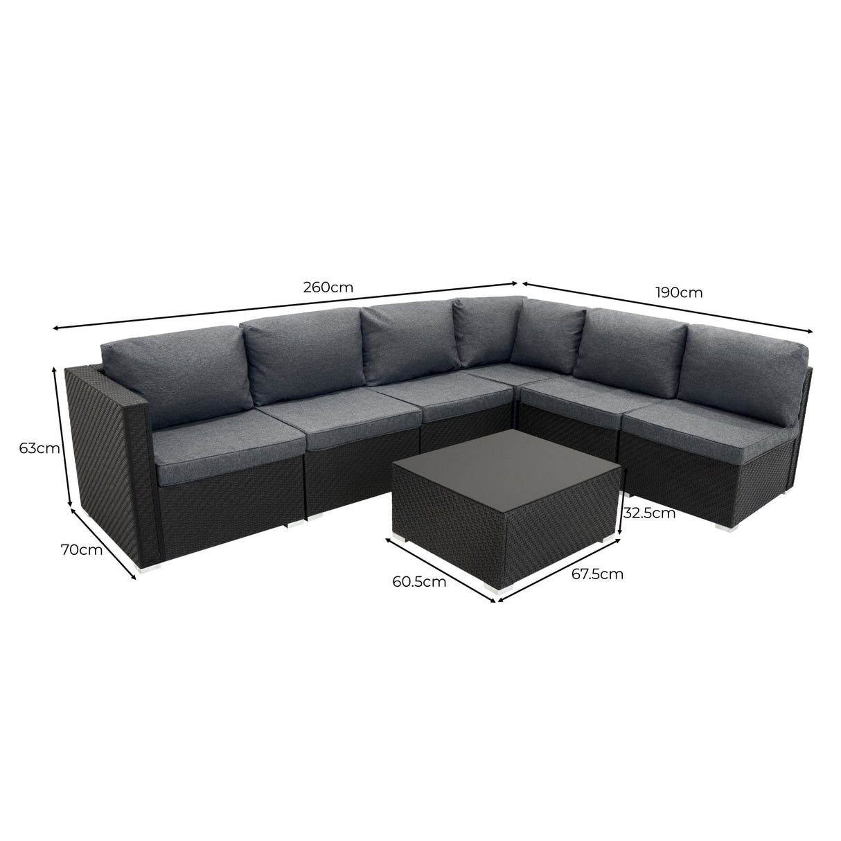 Salon de jardin modulaire en rotin noir avec coussins gris, comprenant un canapé d'angle et une table basse élégante