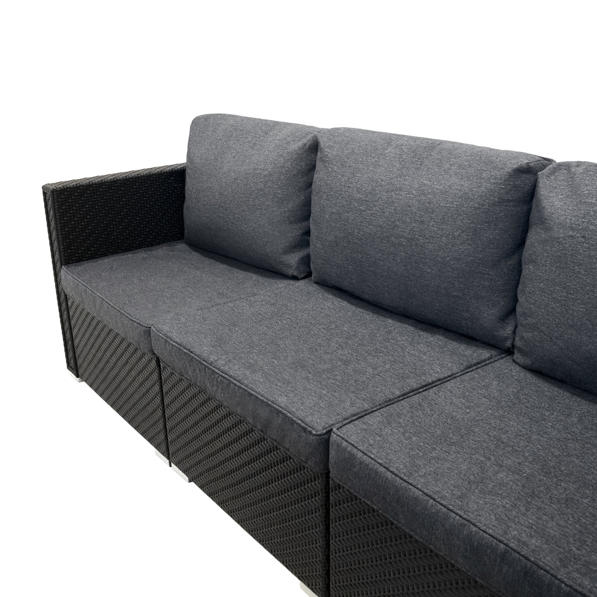 Salon de jardin modulaire en rotin noir avec coussins gris, design élégant et moderne, parfait pour l'extérieur et le confort