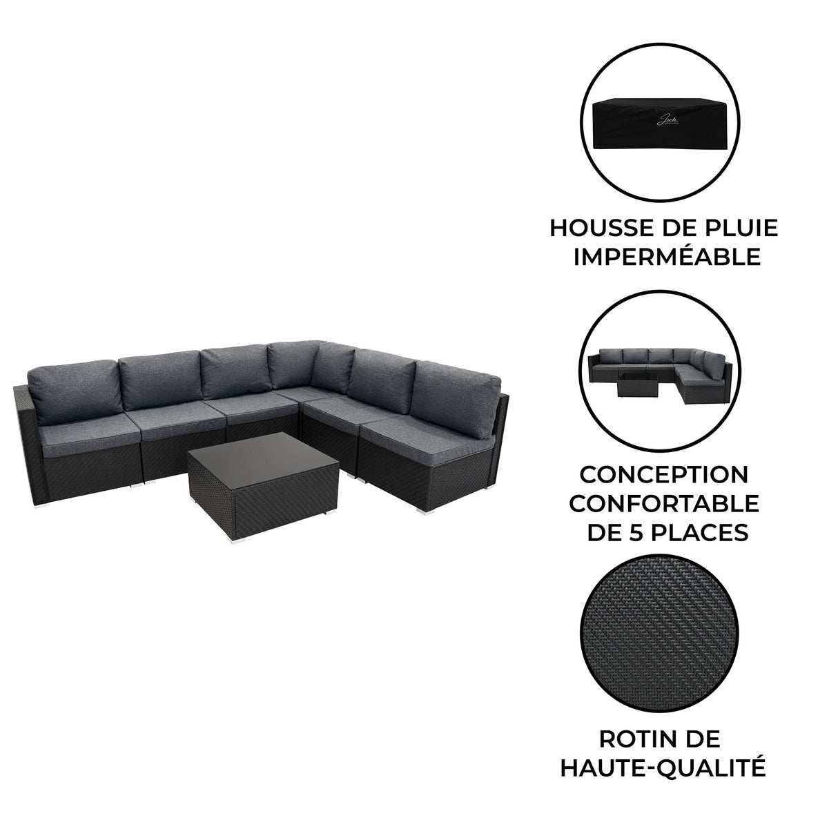 Salon de jardin modulaire en rotin noir, 7 pièces, avec coussins gris, table basse en verre, housse de pluie imperméable inclus
