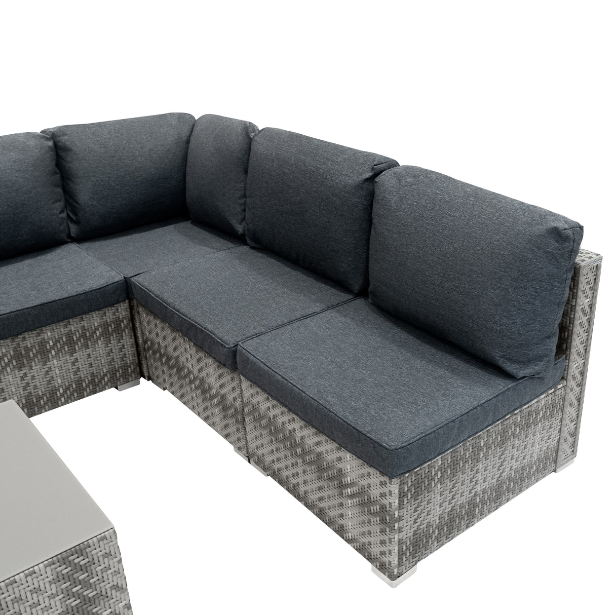 Salon de jardin modulaire en rotin gris avec coussins en tissu gris foncé, design contemporain et confort optimal pour l'extérieur