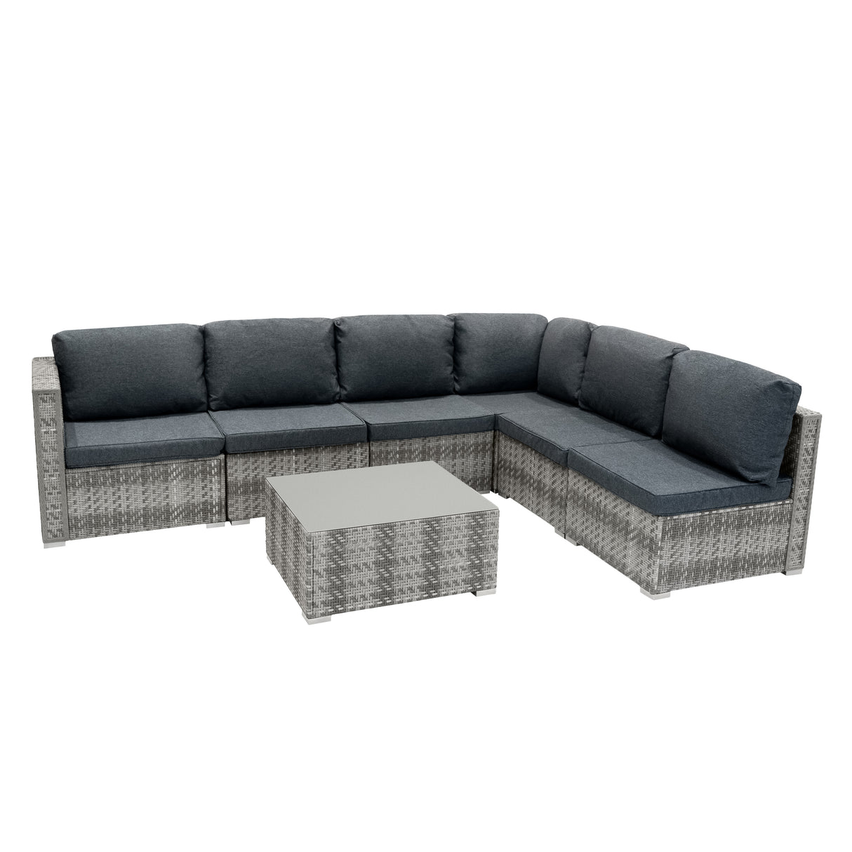 Salon de jardin modulaire en rotin gris avec coussins en tissu gris foncé, comprenant un canapé en L et une table basse carrée