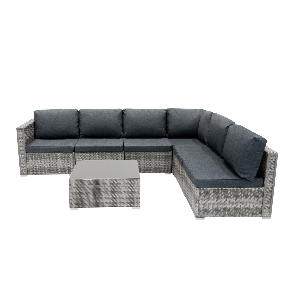 Salon de jardin modulaire en rotin gris, comprenant un canapé d'angle avec coussins gris foncé et une table basse carrée en verre