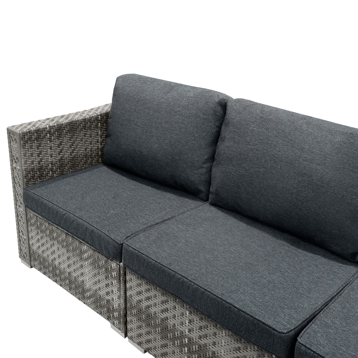 Salon de jardin modulaire en rotin gris avec coussins en tissu gris foncé, design élégant et confortable pour l'extérieur