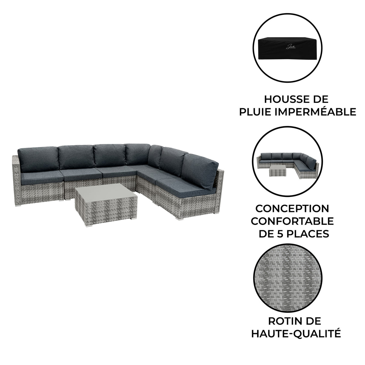 Salon de jardin modulaire en rotin gris avec coussins sombres, comprenant un canapé d'angle et une table basse élégante