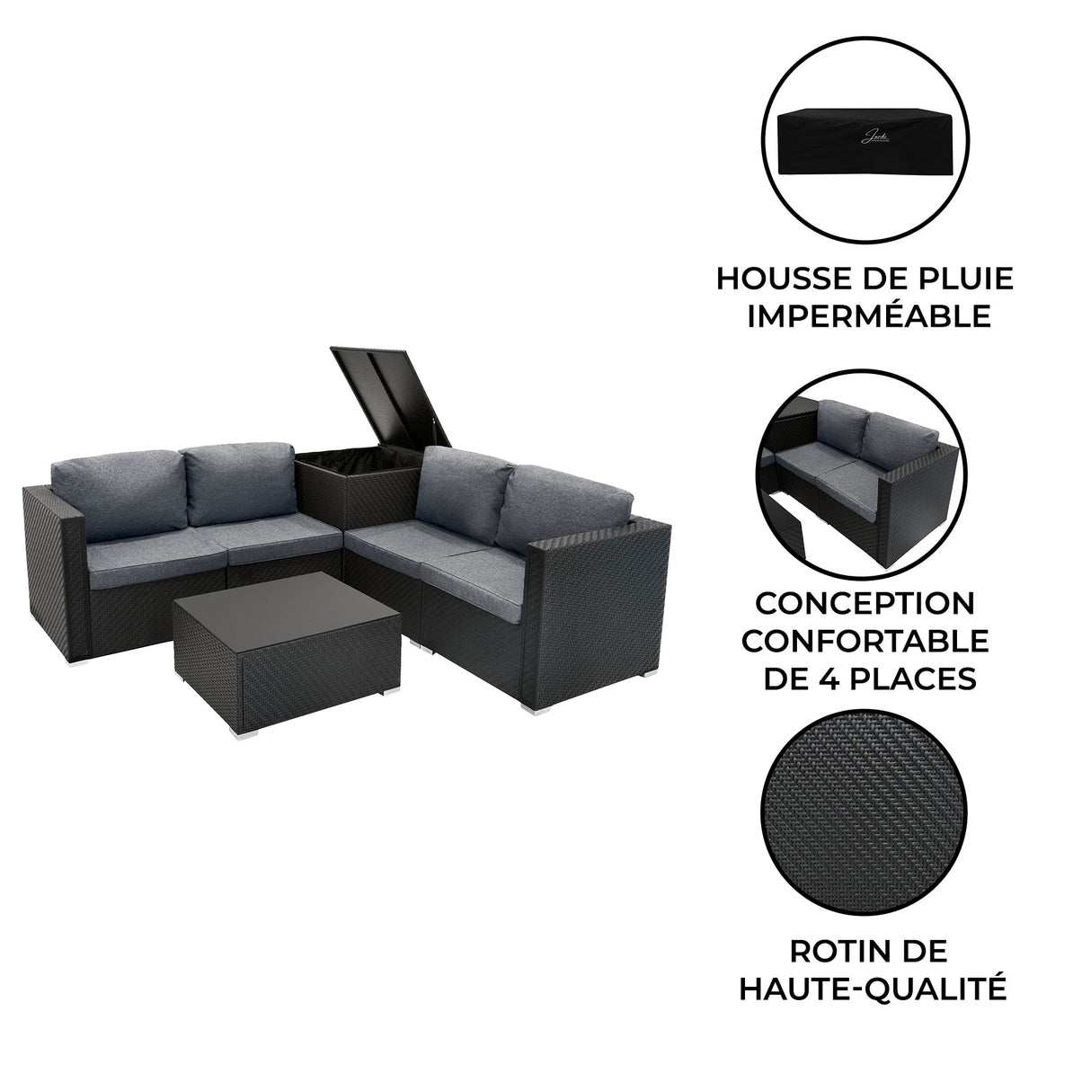 Salon de Jardin Modulaire en Rotin Noir - 6 Pièces