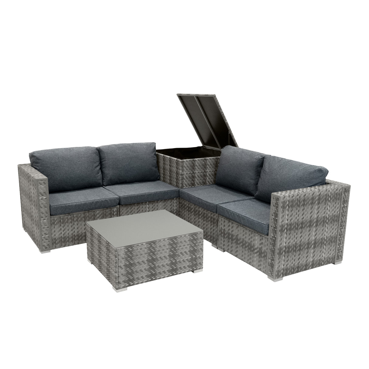 Salon de jardin modulaire en rotin gris avec coussins confortables, table basse en verre, design élégant et rangement intégré