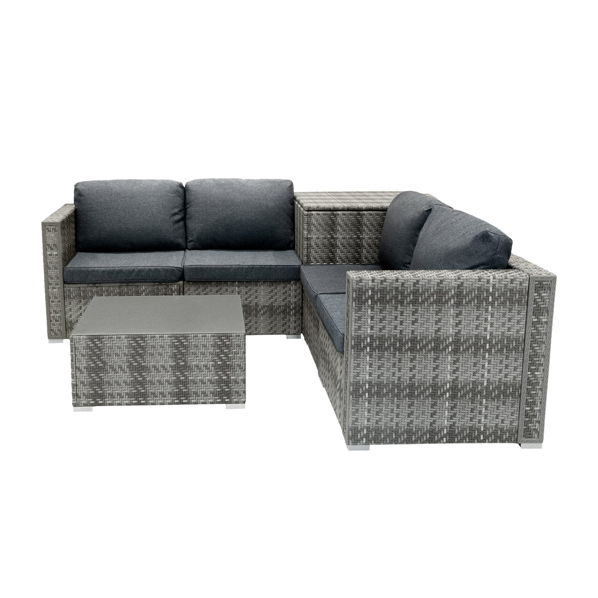 Salon de jardin modulaire en rotin gris avec coussins gris, comprenant un canapé d'angle et une table basse élégante