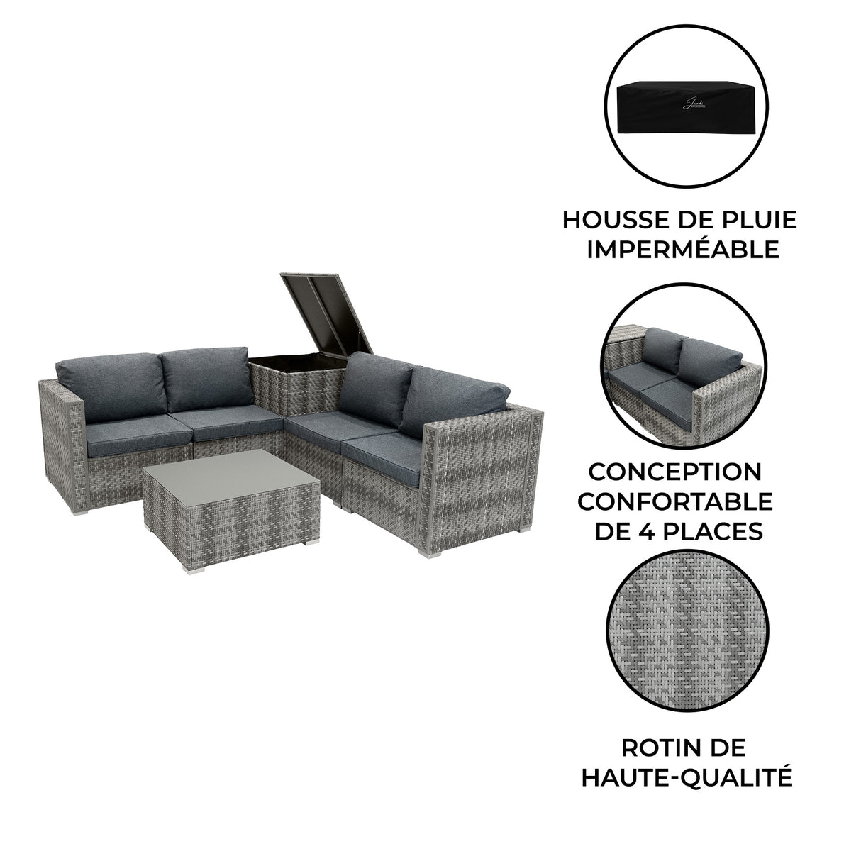 Salon de jardin modulaire en rotin gris, 6 pièces, avec coussins gris, table basse, housse imperméable et design confortable