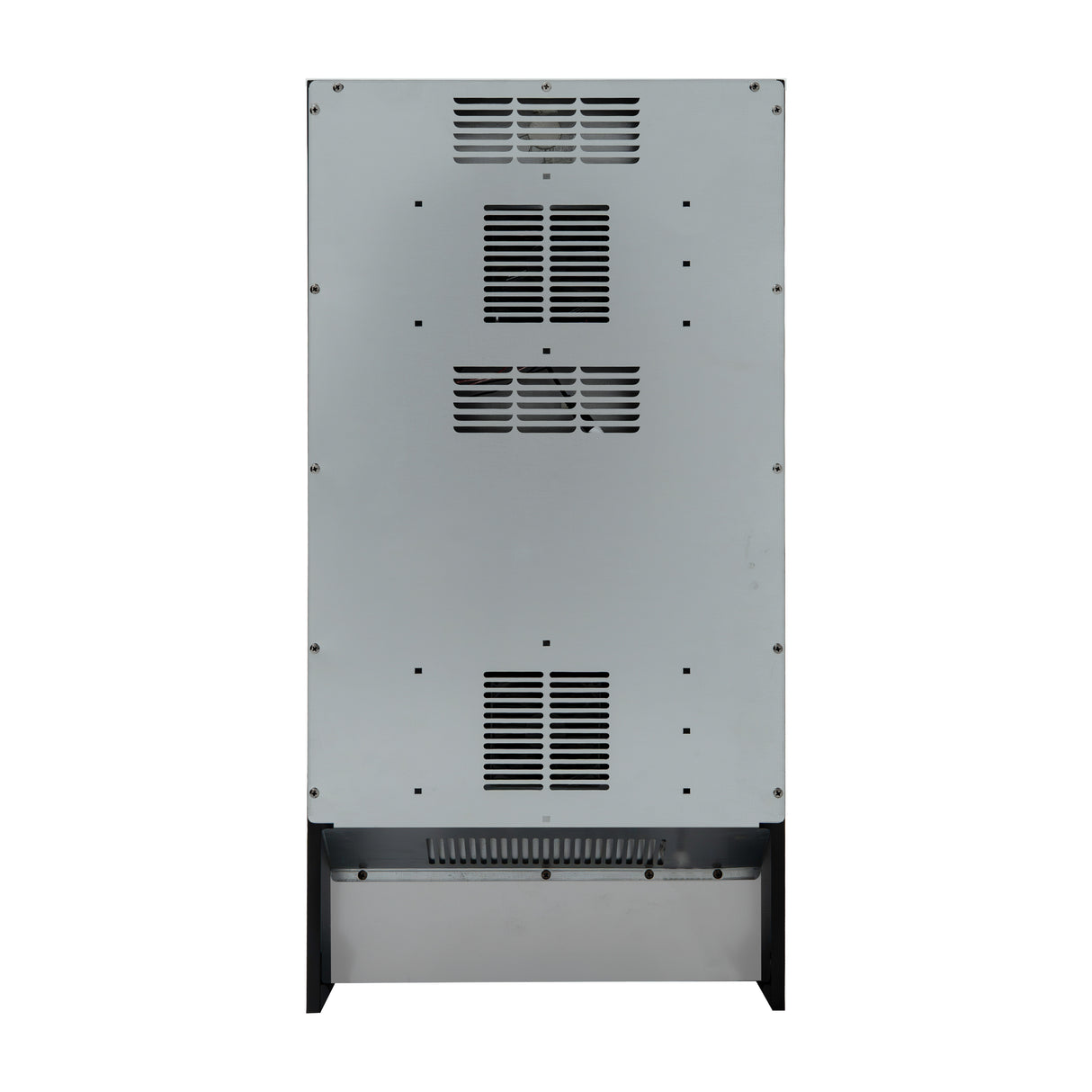Arrière d'un frigo cave à vin commercial, finition en acier inoxydable, avec grilles de ventilation et éclairage LED intégré