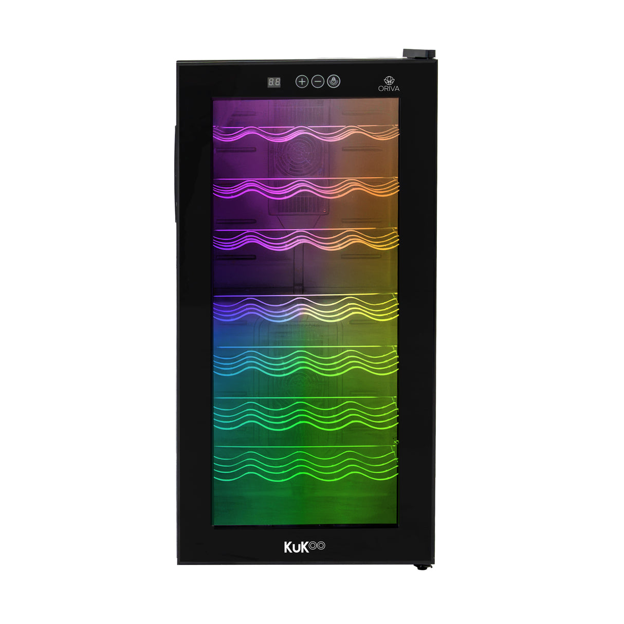 Frigo cave à vin commercial Oriva avec éclairage LED coloré, porte vitrée, étagères en métal et design moderne élégant