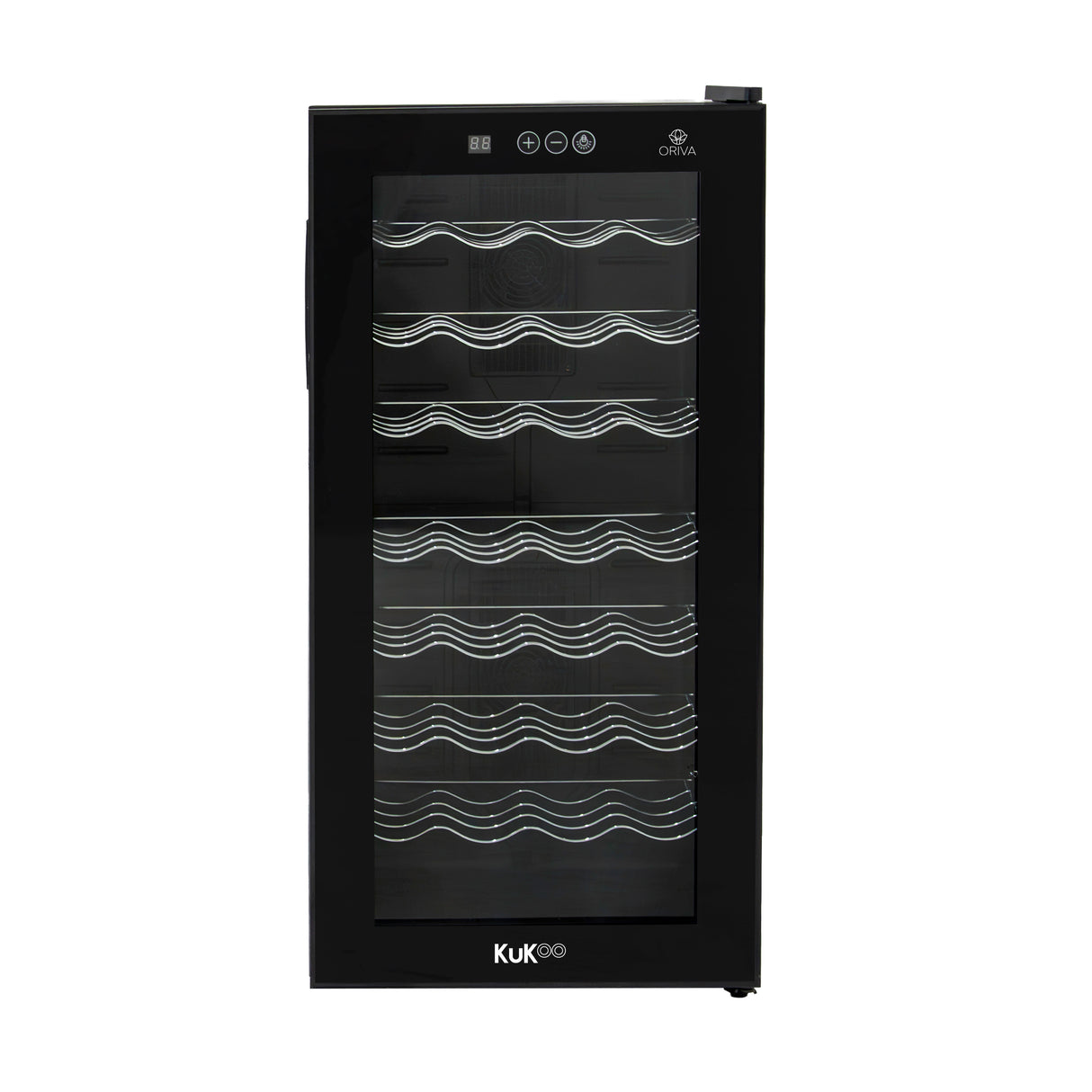 Frigo cave à vin commercial Oriva avec éclairage LED, porte vitrée noire, étagères en métal et design élégant pour un rangement optimal