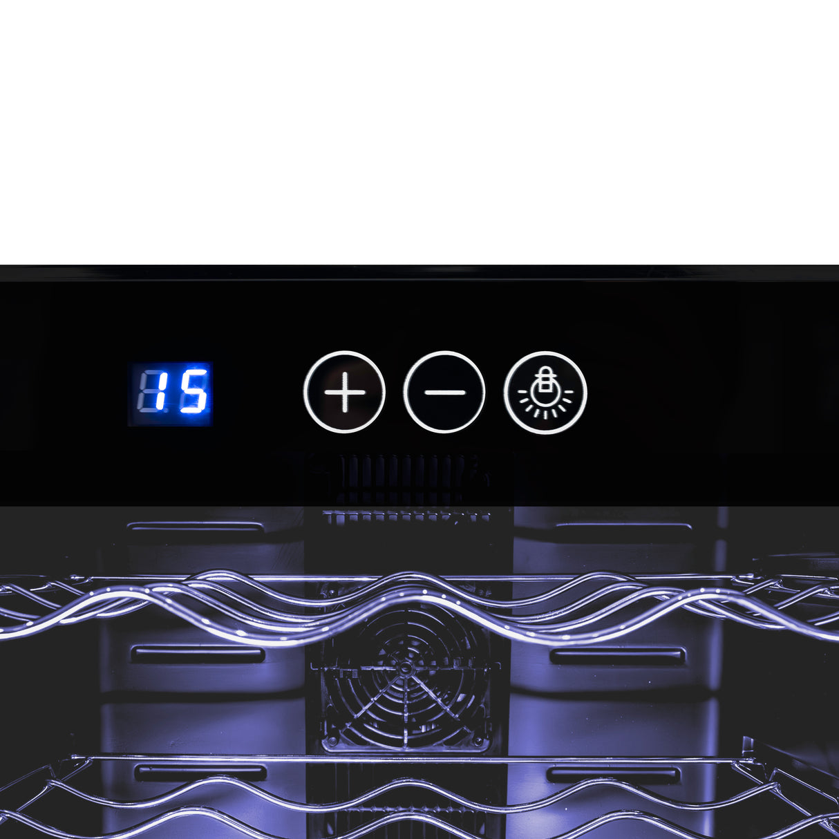 Cave à vin commercial Oriva avec éclairage LED, affichage numérique bleu, étagères en métal ondulé et design élégant en noir