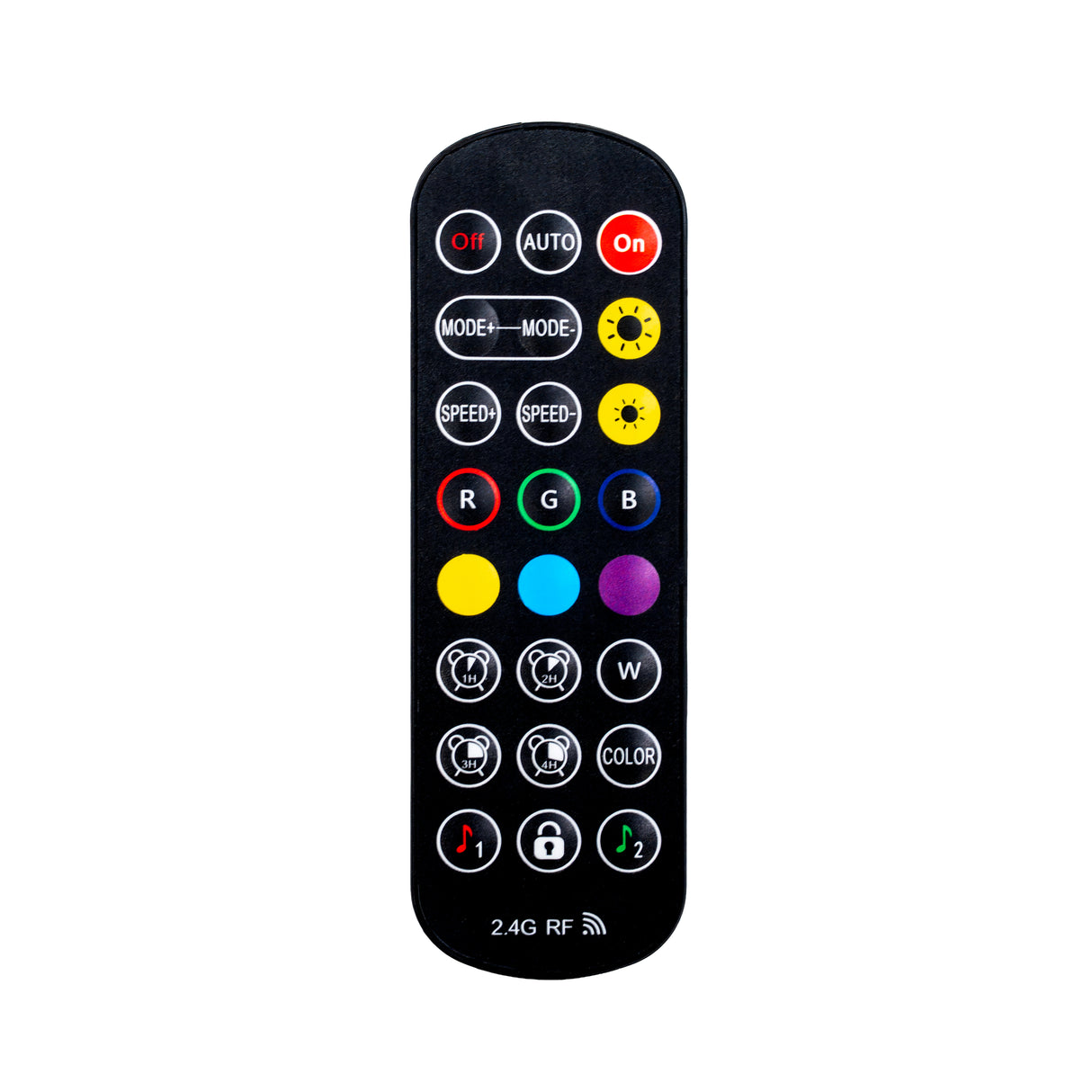 Télécommande noire avec boutons colorés pour contrôler l'éclairage LED d'un frigo cave à vin, incluant des options de mode et de vitesse
