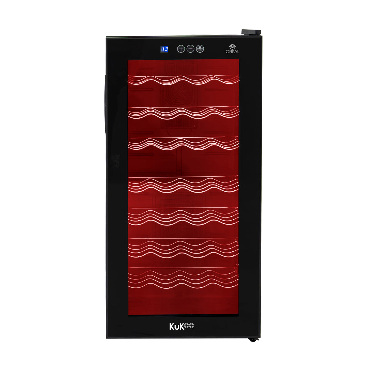 Cave à vin commerciale Oriva avec éclairage LED, porte vitrée noire, étagères en bois, design élégant et moderne pour le rangement des bouteilles
