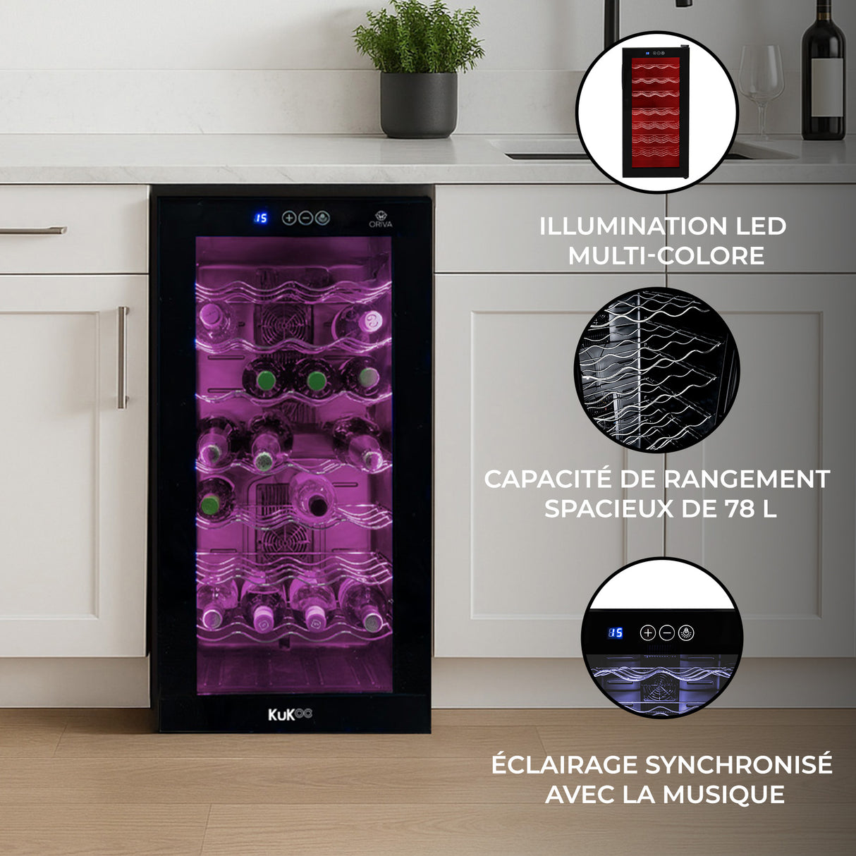 Cave à vin commerciale noire avec éclairage LED multicolore, capacité de 78 L, étagères en métal et design moderne élégant