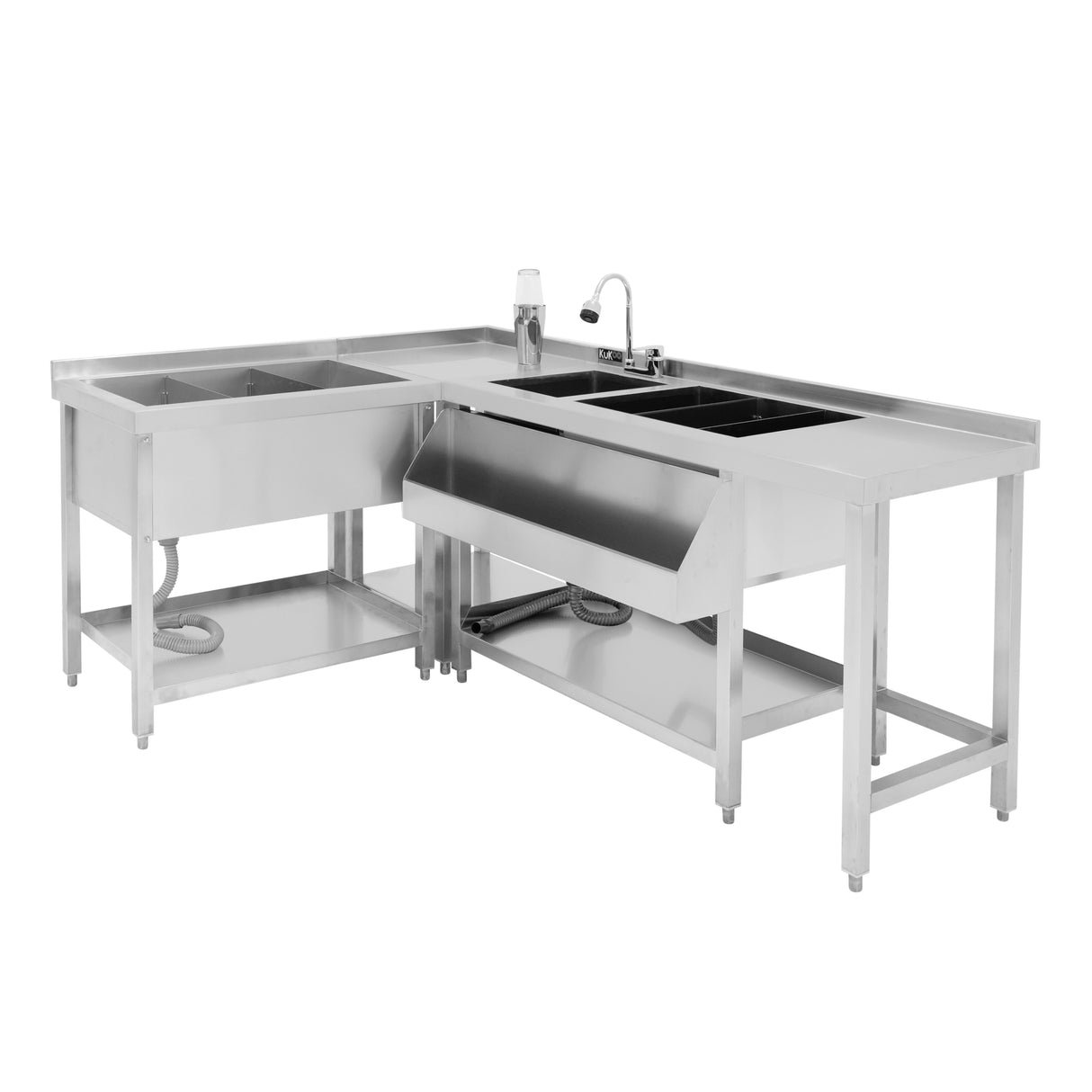 Bar à cocktails modulaire en acier inoxydable, avec bac de glace et évier, surface lisse et finition brillante, design fonctionnel et élégant