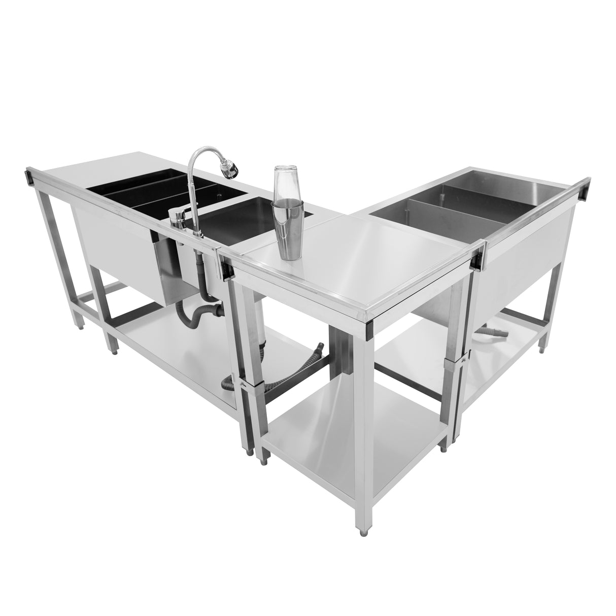 Bar à cocktails modulaire en acier inoxydable, avec bac de glace, évier et surface de travail lisse, idéal pour les événements