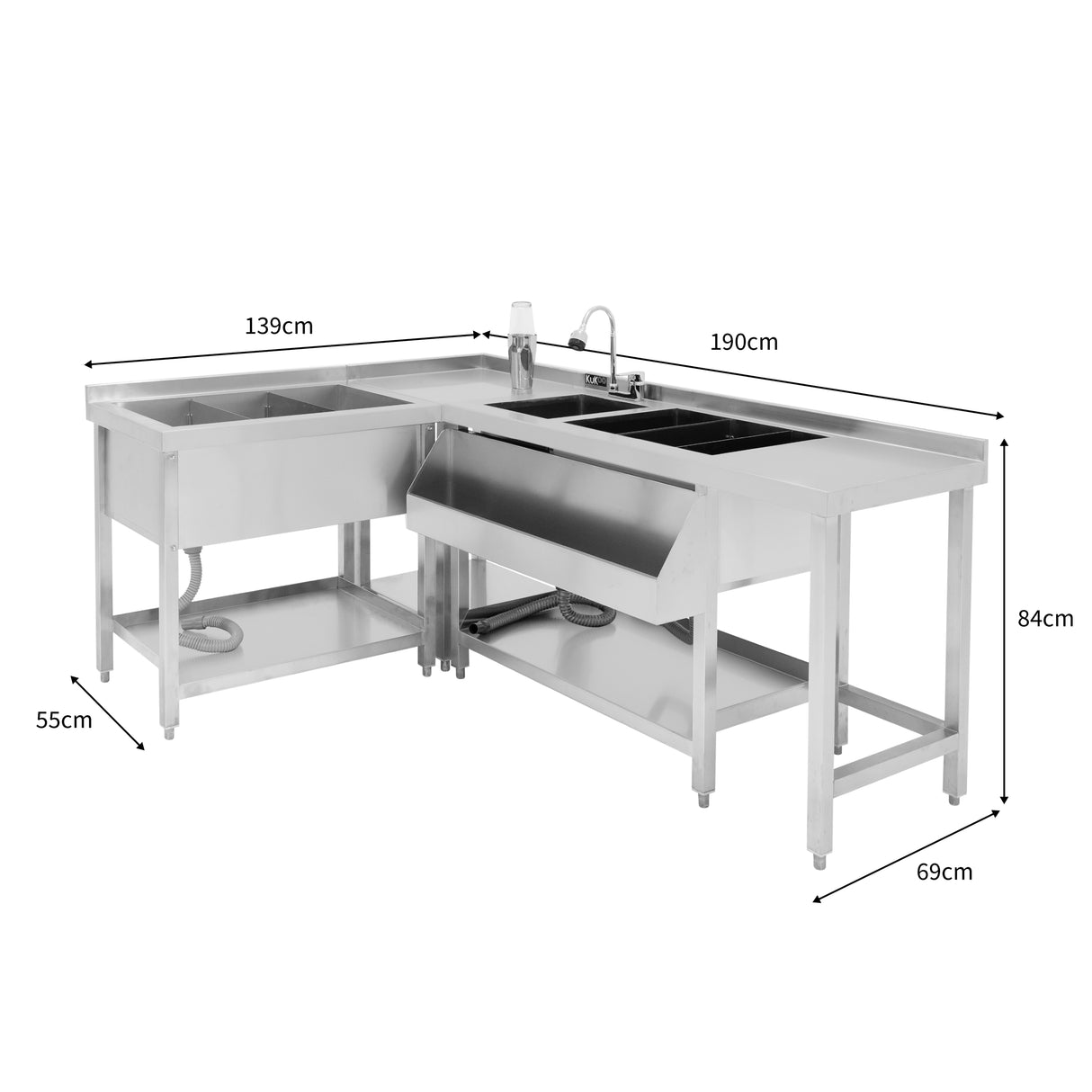 Bar à cocktails modulaire en acier inoxydable, avec bac à glace, dimensions 139 cm x 190 cm, surface lisse et brillante, design moderne