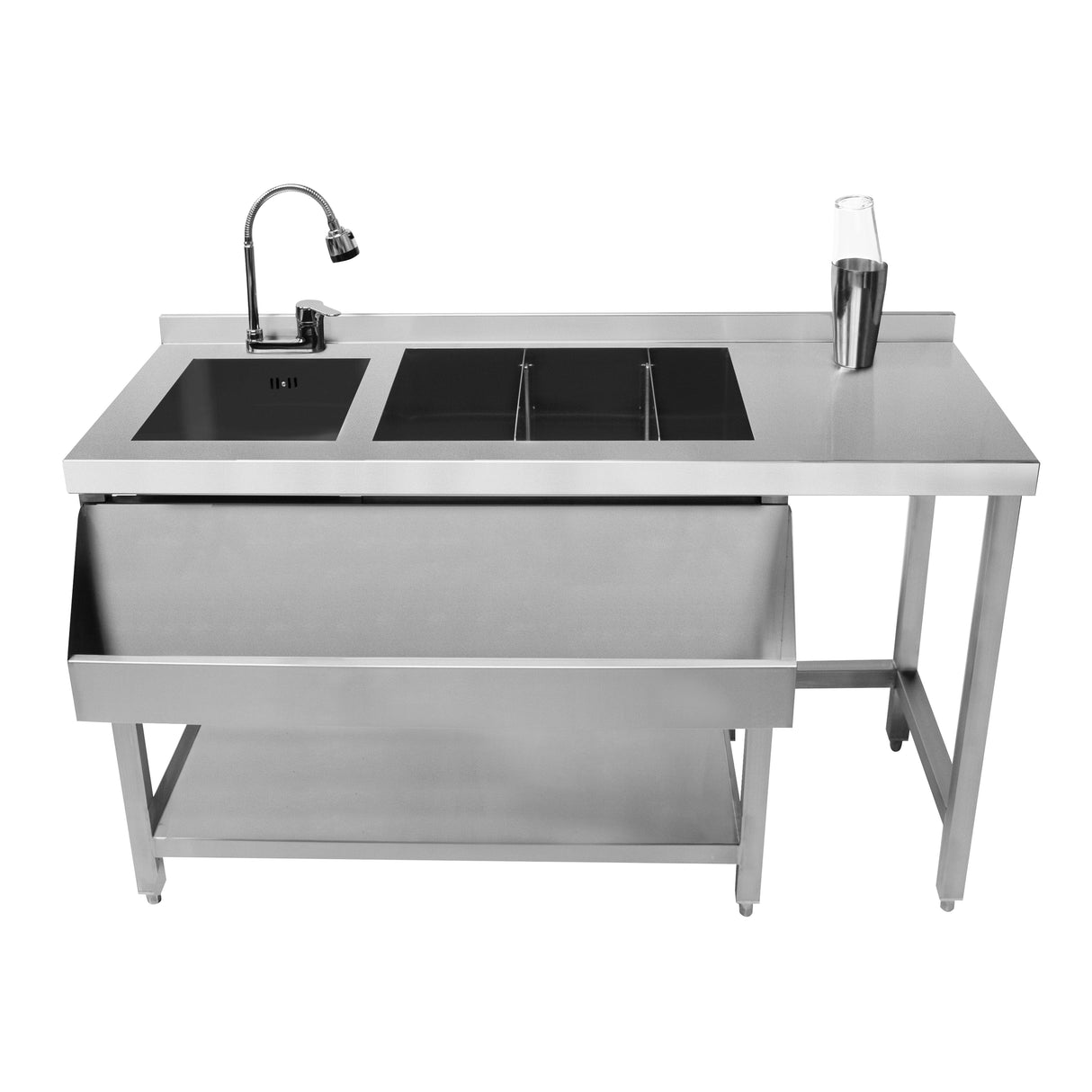 Bar à cocktails modulaire en acier inoxydable avec bac de glace, évier intégré et espace de rangement, design moderne et fonctionnel