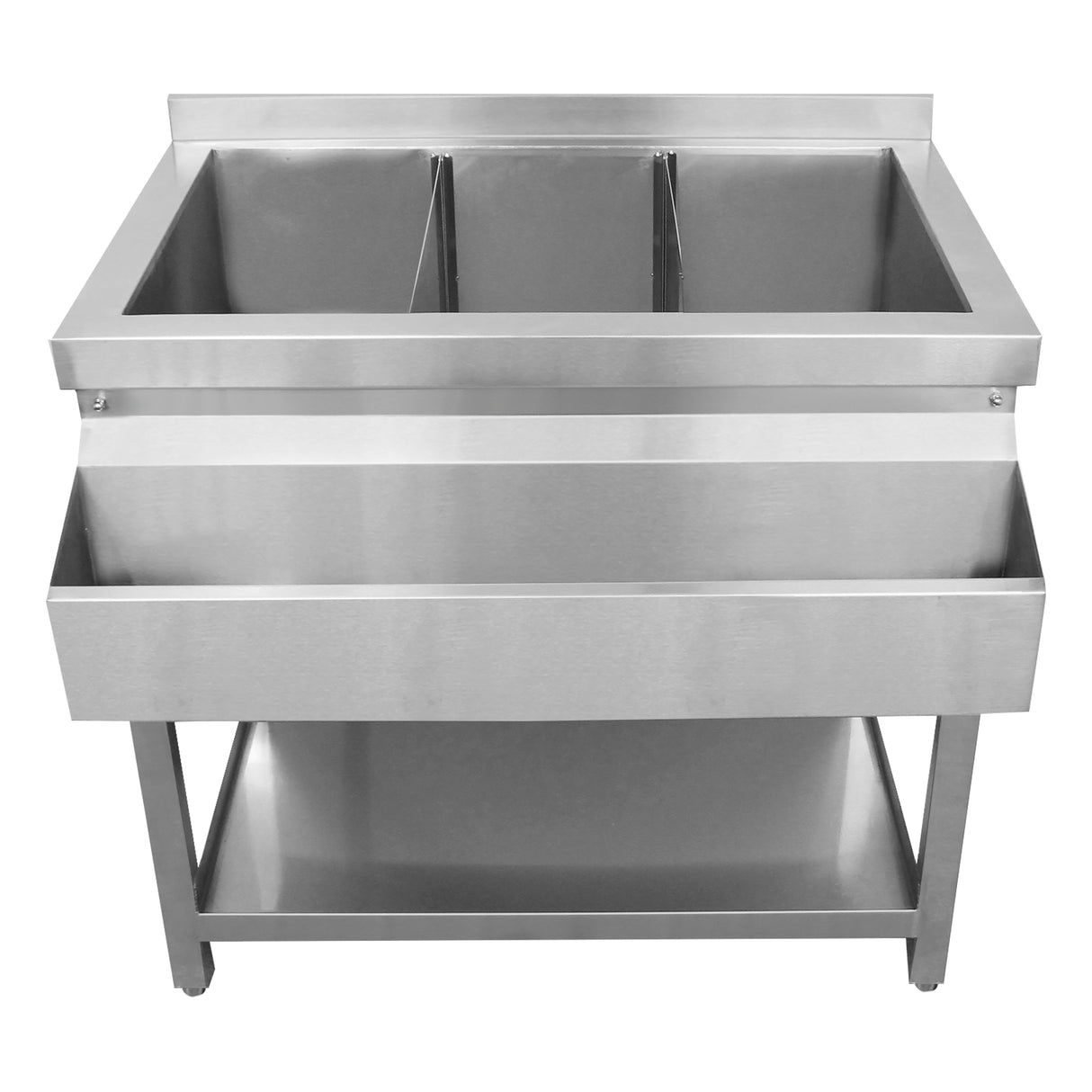 Bar à cocktails modulaire en acier inoxydable, avec deux bacs à glace et un tiroir, finition lisse et moderne, idéal pour les événements