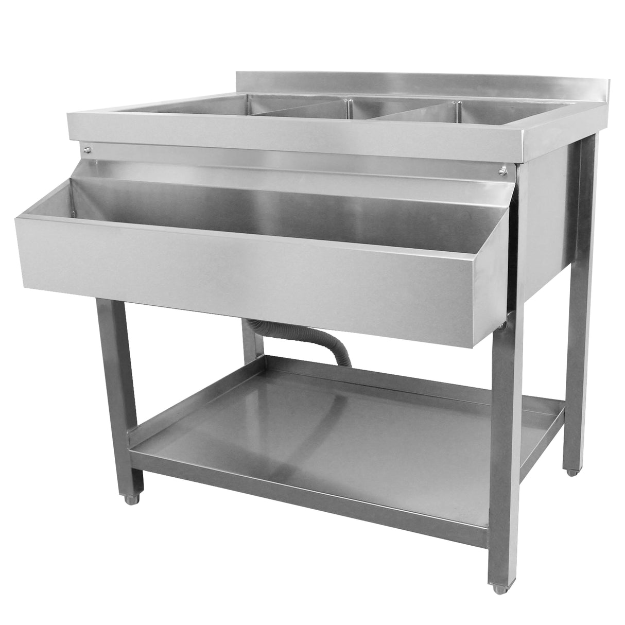 Bar à cocktails modulaire en acier inoxydable avec bac à glace, design moderne, surface lisse et finition brillante, idéal pour les événements