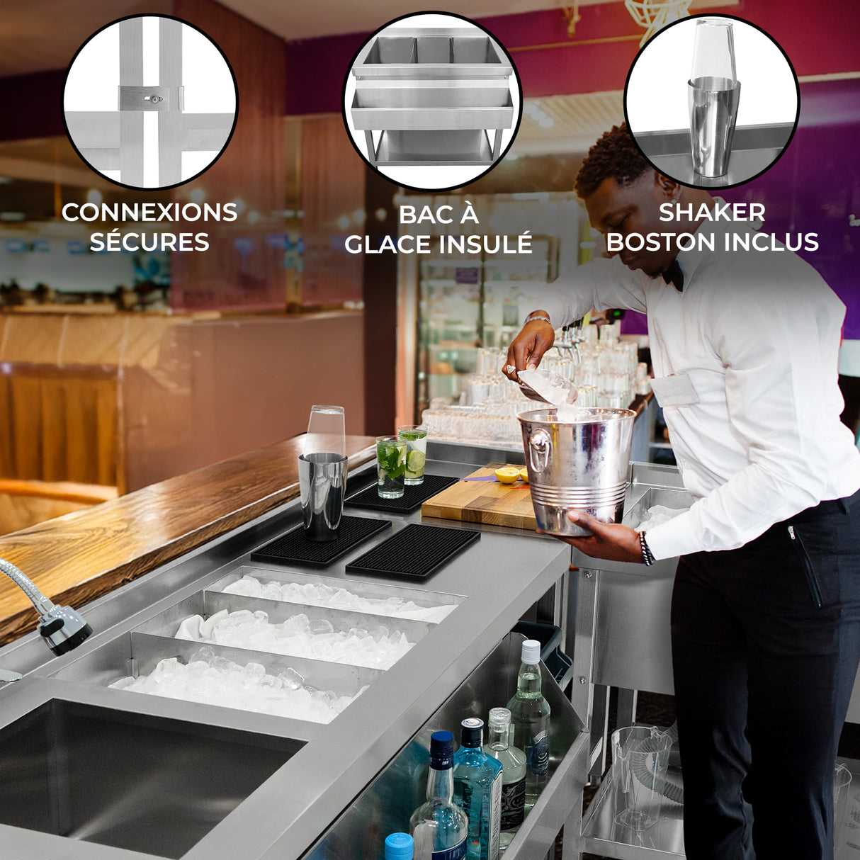 Bar à cocktails modulaire en acier inoxydable avec bac à glace isolé, shaker Boston inclus et connexions sécurisées pour un service optimal