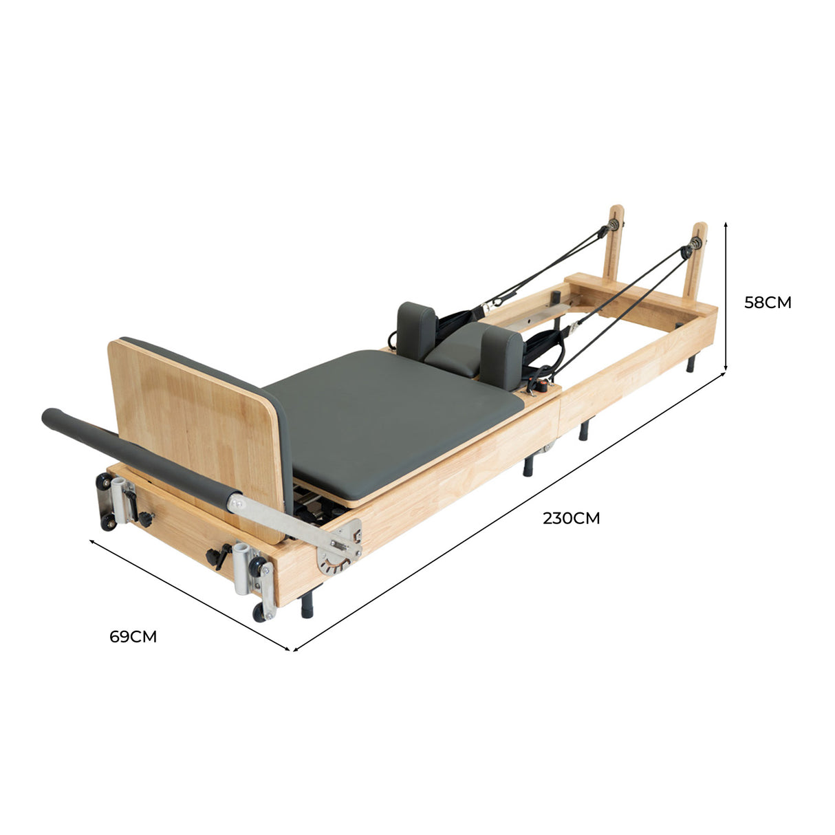 Reformer Pilates pliable en chêne avec coussins gris, dimensions 230 cm x 69 cm x 58 cm, design élégant et fonctionnel