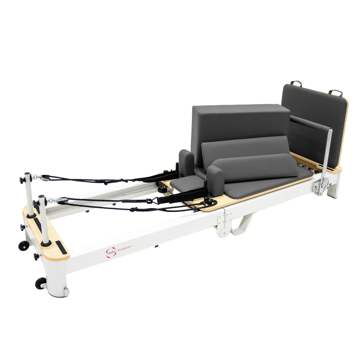 Reformer Pilates pliable en aluminium, avec rembourrage gris, design moderne et roulettes pour un rangement facile et pratique