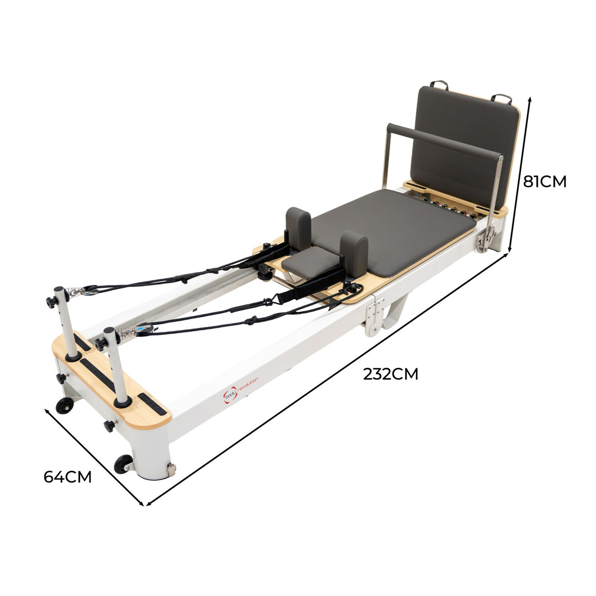 Reformer Pilates pliable en aluminium, avec un coussin gris, dimensions 232 cm x 64 cm, roulettes pour un rangement facile