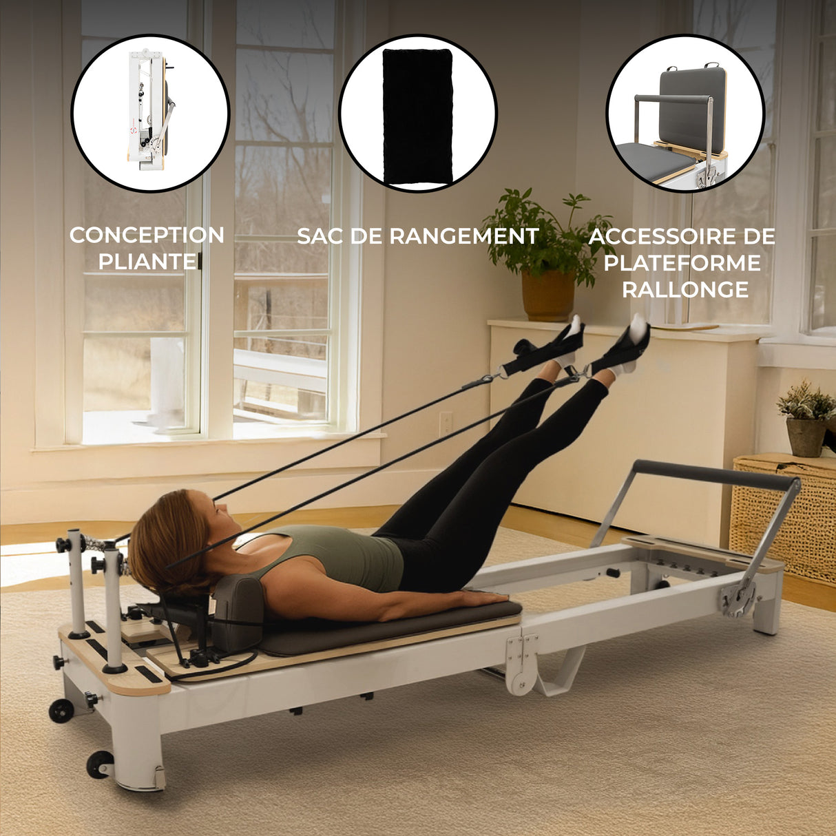 Machine reformer Pilates pliable en aluminium, avec une femme en position d'exercice, tapis noir, et accessoires de résistance