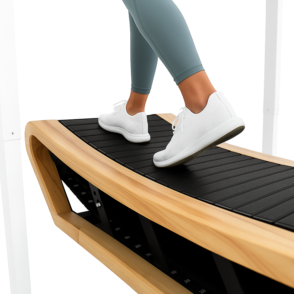 Tapis de marche courbé en chêne clair, surface noire texturée, avec une personne en leggings gris et chaussures blanches en mouvement