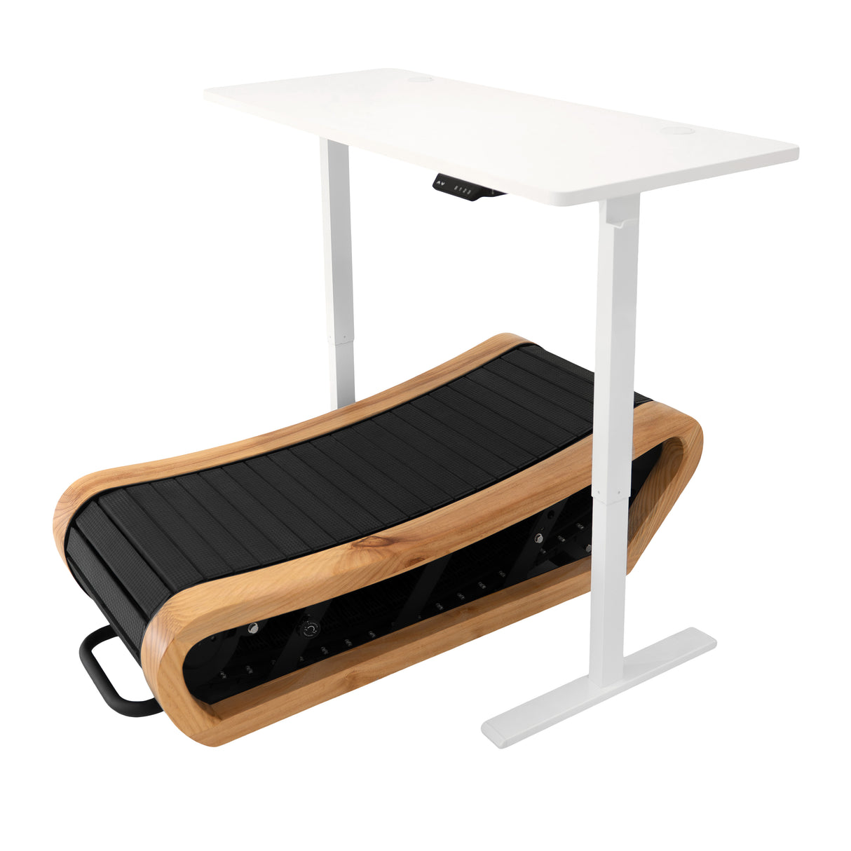 Tapis de marche courbé en chêne clair avec surface noire texturée, conçu pour un entraînement confortable et élégant à domicile
