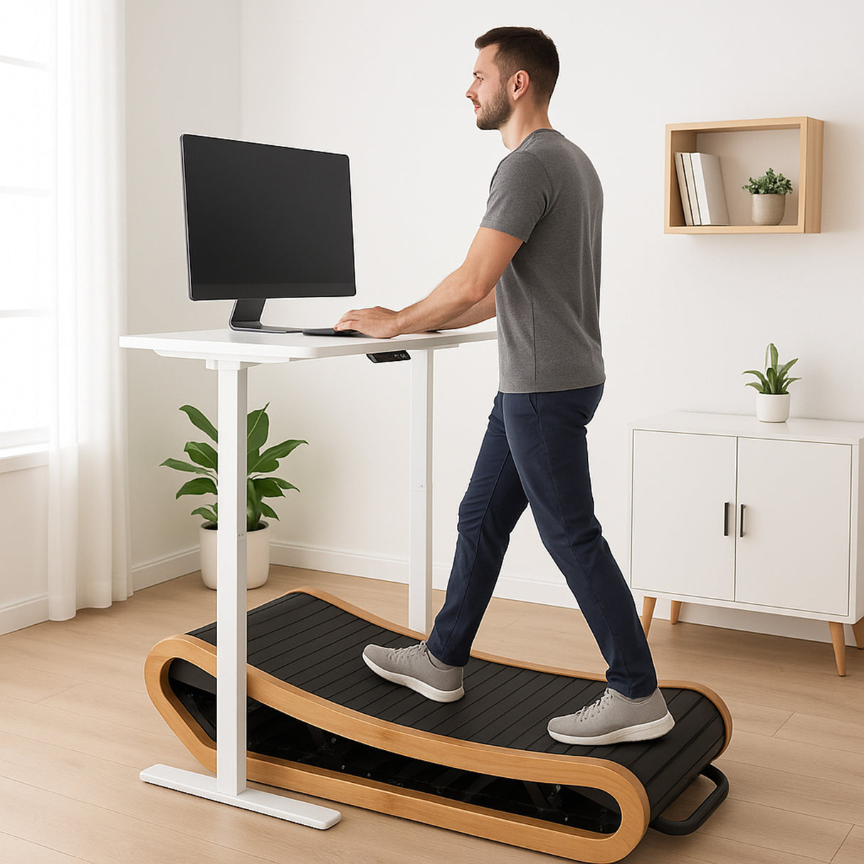 Tapis de marche courbé en chêne clair, avec surface noire texturée, utilisé par un homme debout devant un bureau moderne