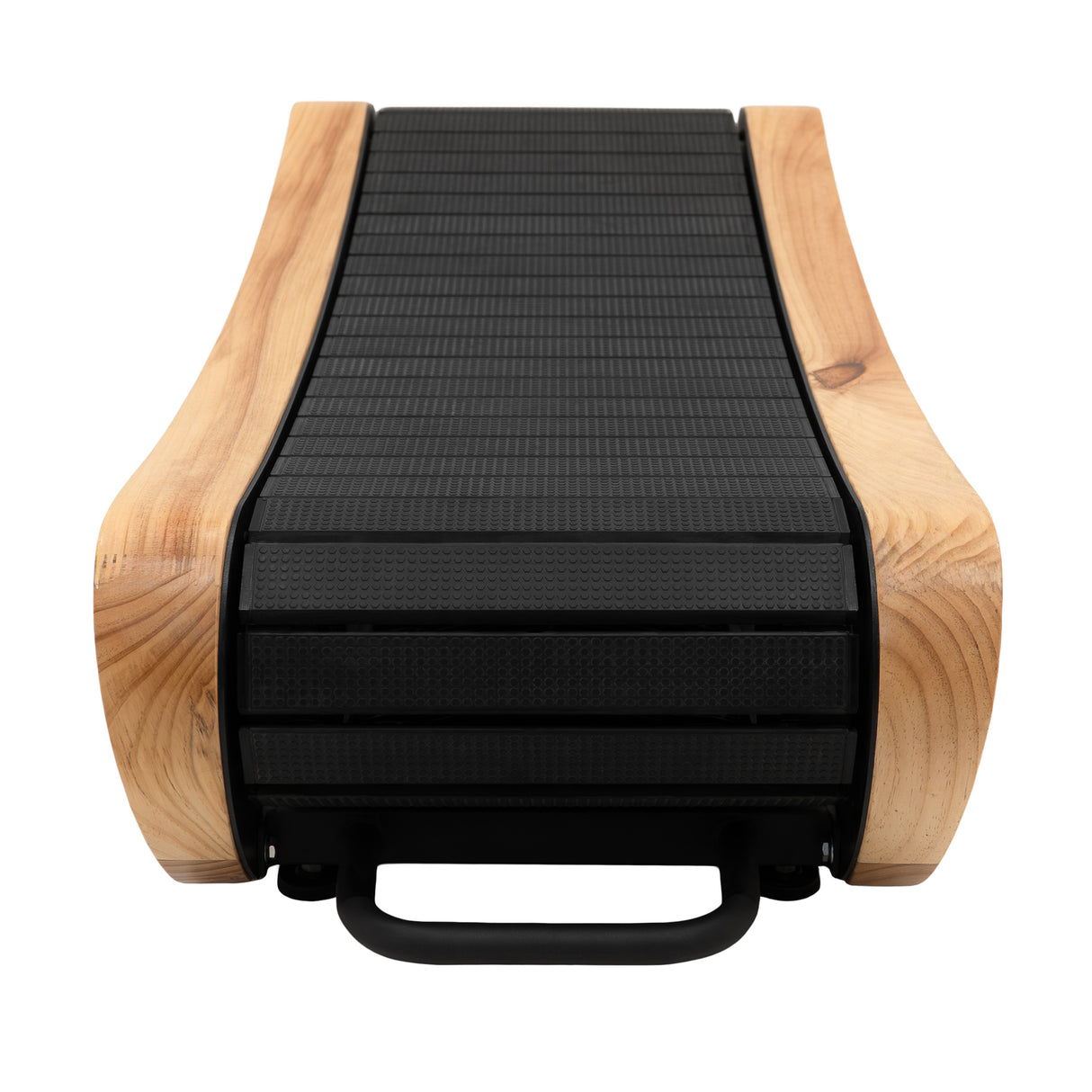 Tapis de marche courbé en chêne clair avec surface noire texturée, design élégant et ergonomique, idéal pour un entraînement à domicile