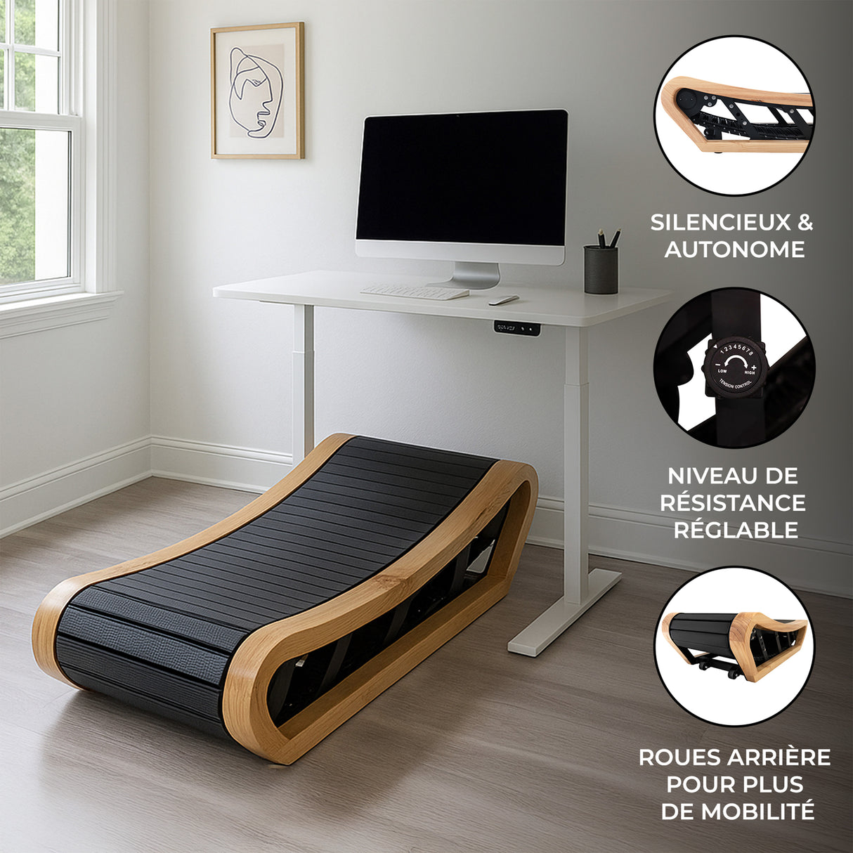 Tapis de marche courbé en chêne clair avec surface noire texturée, design élégant et roues arrière pour une mobilité facile