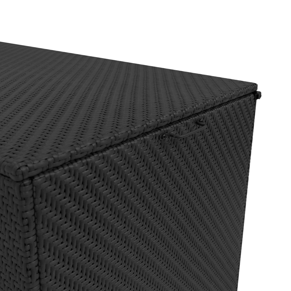 Coffre de rangement en rotin noir, texture tissée, design moderne, idéal pour un salon de jardin modulaire de 7 pièces