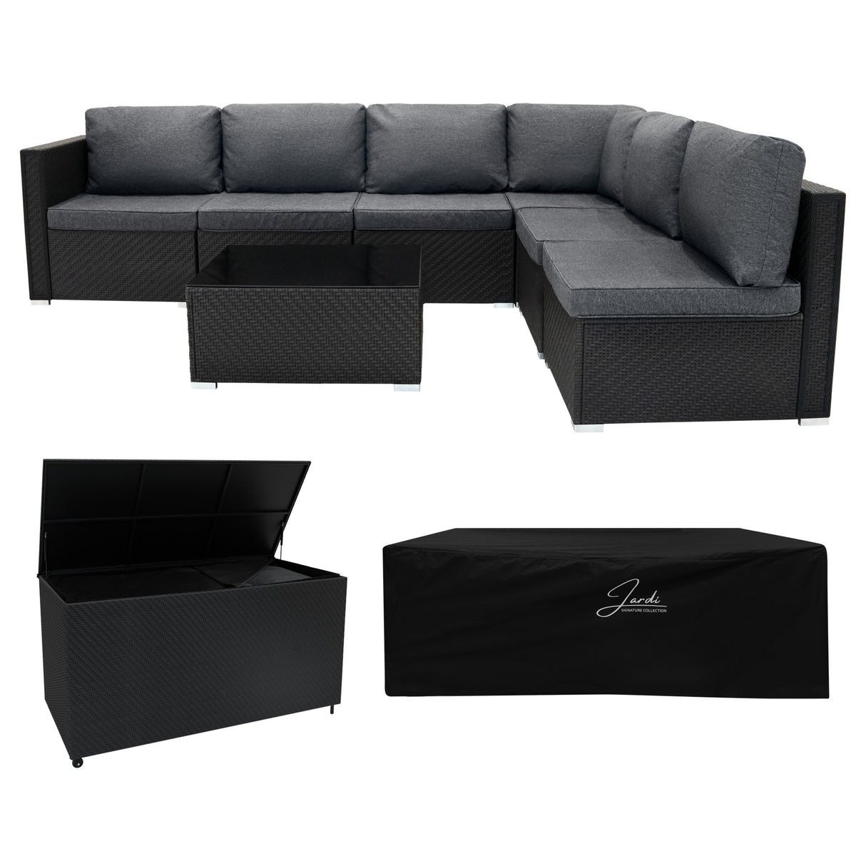 Salon de jardin modulaire en rotin noir avec coussins gris, table basse en verre, et coffre de rangement spacieux de 700 L