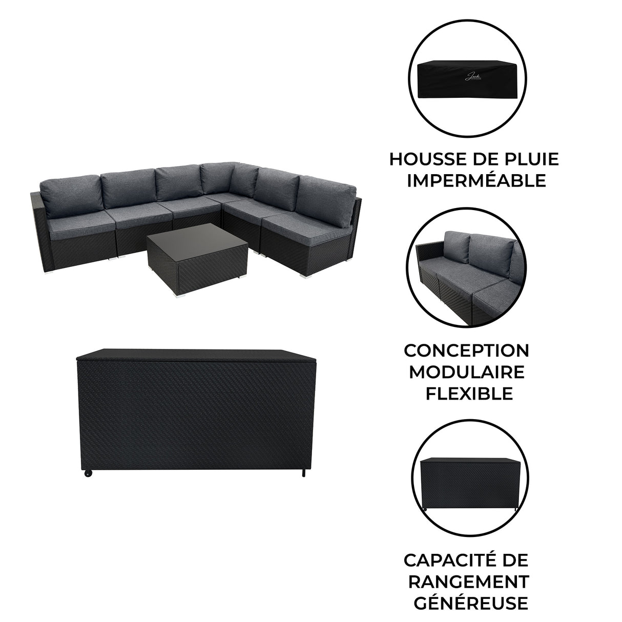 Salon de jardin modulaire en rotin noir avec coussins gris, table basse et coffre de rangement imperméable de 700 L