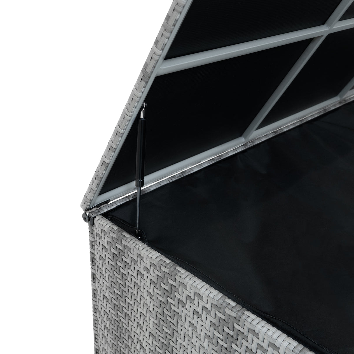 Coffre de rangement en rotin gris avec couvercle ouvert, intérieur noir, idéal pour le stockage dans un salon de jardin modulaire