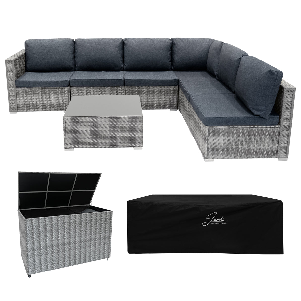 Salon de jardin modulaire en rotin gris avec coussins bleu, table basse en verre, et coffre de rangement de 700 L en bas noir