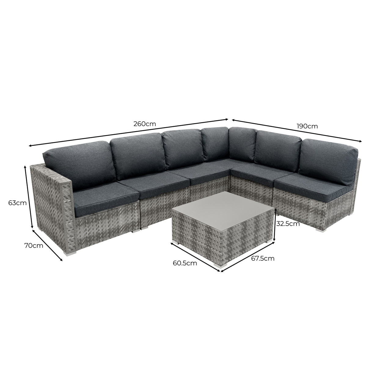 Salon de jardin modulaire en rotin gris avec coussins noirs, comprenant un canapé en L et une table basse carrée, dimensions indiquées