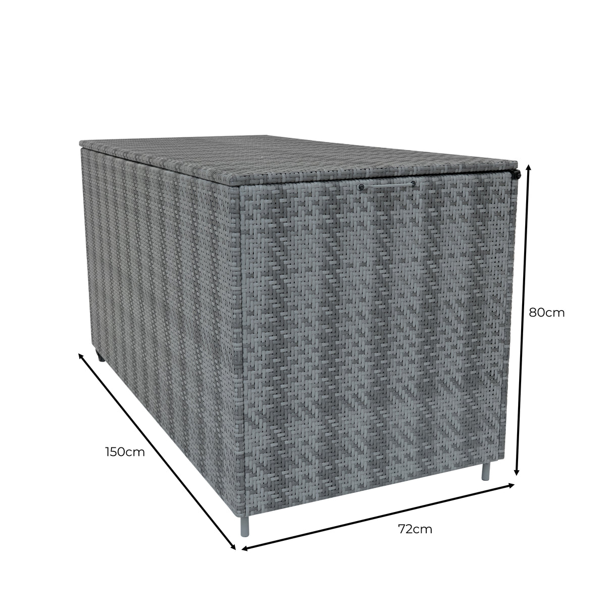 Coffre de rangement en rotin gris, dimensions 150x72x80 cm, texture tissée, idéal pour le salon de jardin modulaire de 7 pièces