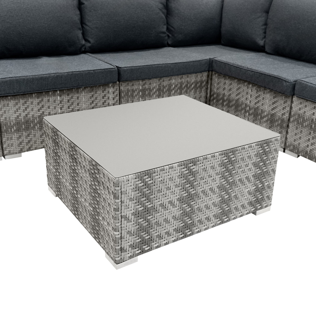 Salon de jardin modulaire en rotin gris avec coussins gris foncé, table basse carrée en verre, design moderne et élégant