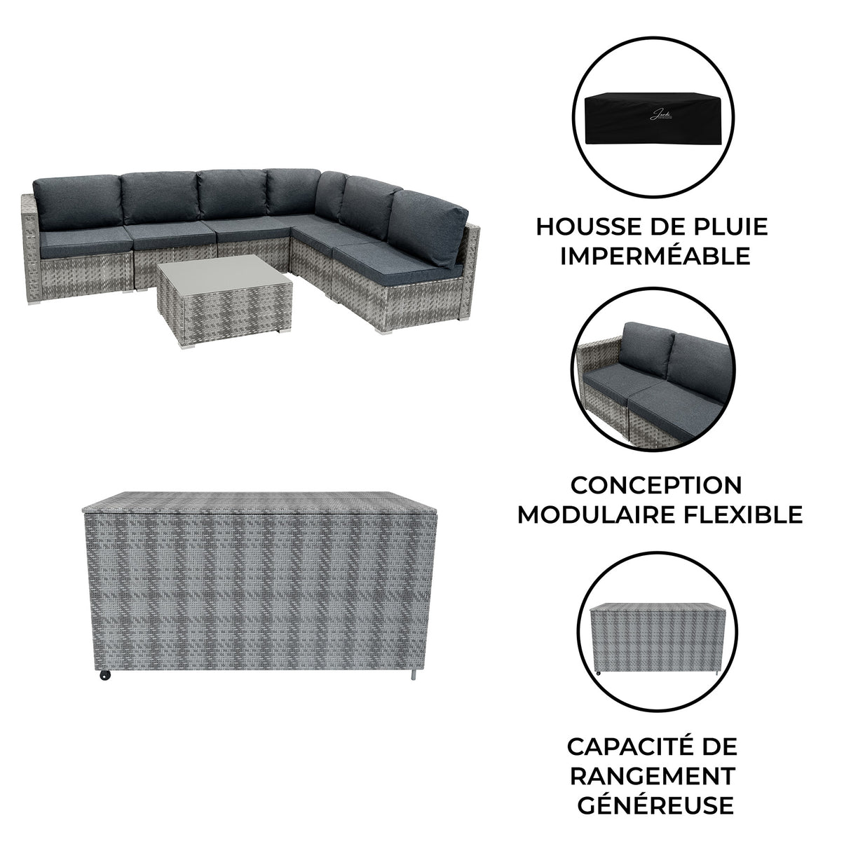 Salon de jardin modulaire en rotin gris avec coussins gris, table basse, et coffre de rangement de 700 L, design élégant et pratique