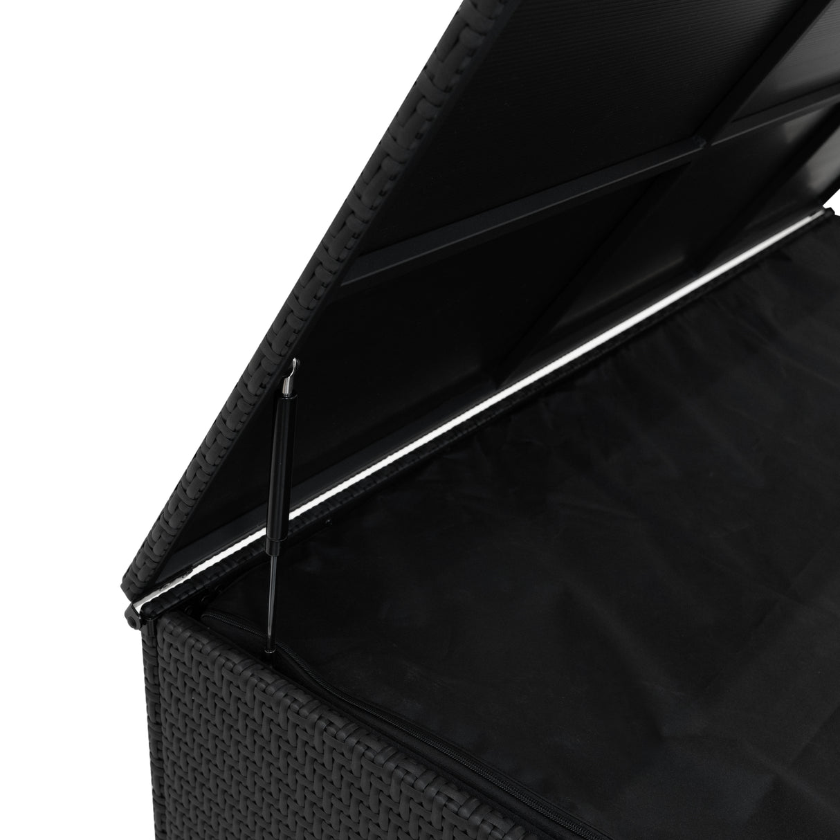 Coffre de rangement en rotin noir avec couvercle ouvert, intérieur spacieux en tissu noir, idéal pour le jardin ou la terrasse